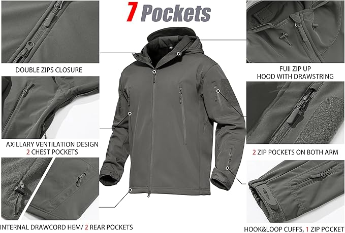 MAGCOMSEN Men's Tactical Jacket 7 Pockets Performance Fleece Lined Water Resistant Ski Snow Soft Shell Winter Coats