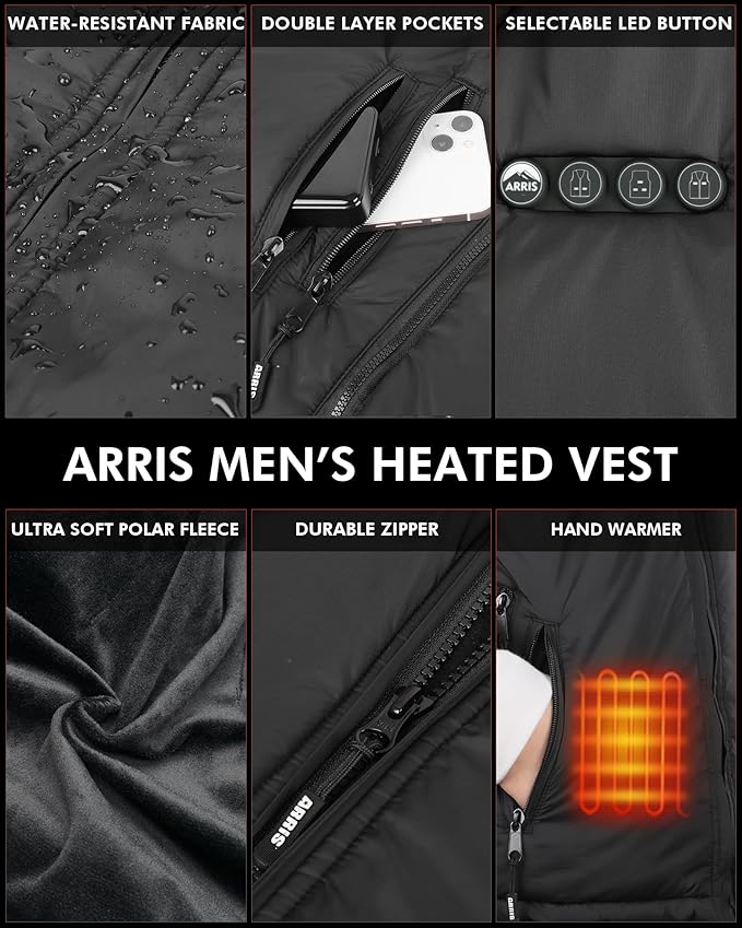 ARRIS Fleece Heated Vest for Men with Battery Pack Included, Size Adjustable 8 Heating Zones for Hunting