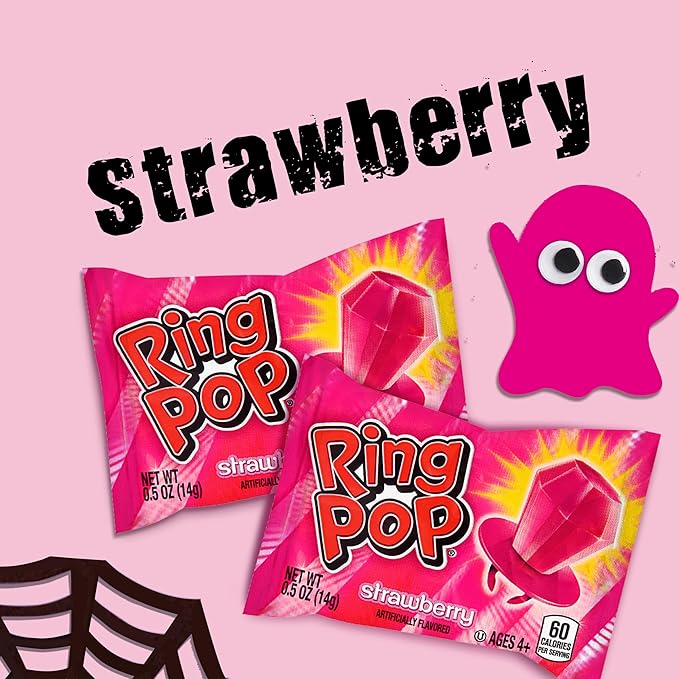 Ring Pop Individually Wrapped Pink Halloween Candy, Strawberry 30 Ct Lollipop Bulk, Lollipop Suckers for Kids, Fun Candy Bulk for Gender Reveal, Trick or Treat, Halloween Bowls, Gifts, Party Favors