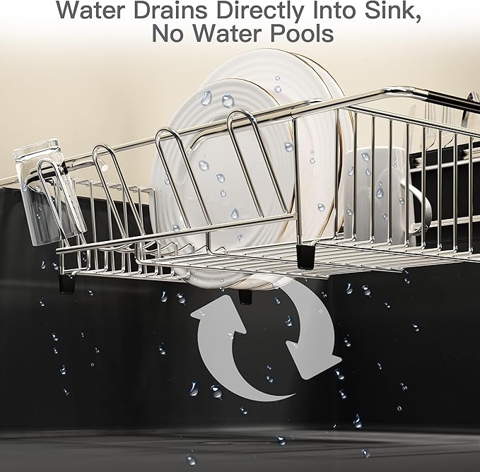 Over the Sink Expandable Dish Drainer Drying Rack In Stainless Steel for Small Kitchen, Counter Space Saving Modern Compact Metal Above Plate Dryer Strainer, Adjustable Hanging Inside Drain Holder