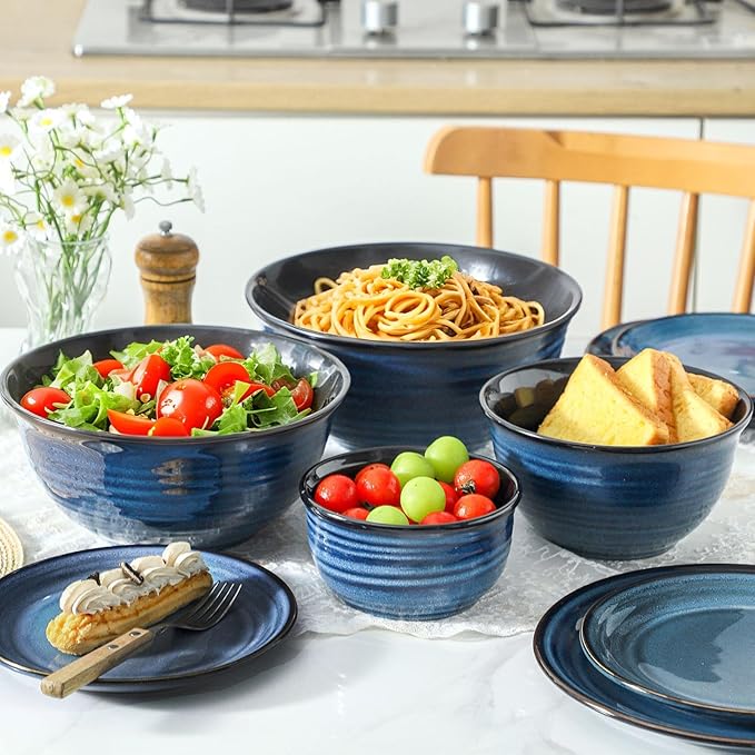 Hasense Mixing Bowls Set, Porcelain Large Salad Bowls for Cooking, Baking, Prepping, Serving, Blue Nesting Dishes for Housewarming Gift, Microwave Dishwasher Safe, 2.8/2.1/1.0/0.5 Qt