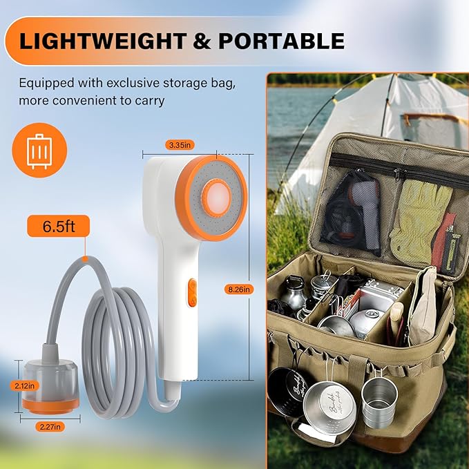 BSEED Portable Shower for Camping, Outdoor Electric Camping Shower with Light, Pumps Water from Bucket with Steady Stream, Outdoor Shower for Hiking, Travel, RV, Pets & Car Washing, Wartering Plants