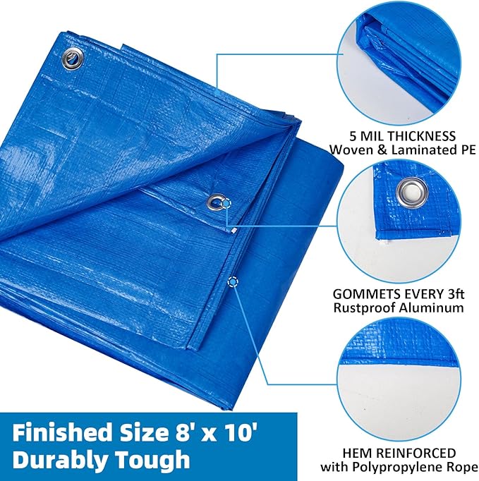 Double-Sided Waterproof Poly Tarp 8x10 Feet 5mil Thick Polyethylene Tarps, Perfect for Outdoor Use, Plastic Cover & Mat for Tent Camping Storage Boat Bikes Vehicles