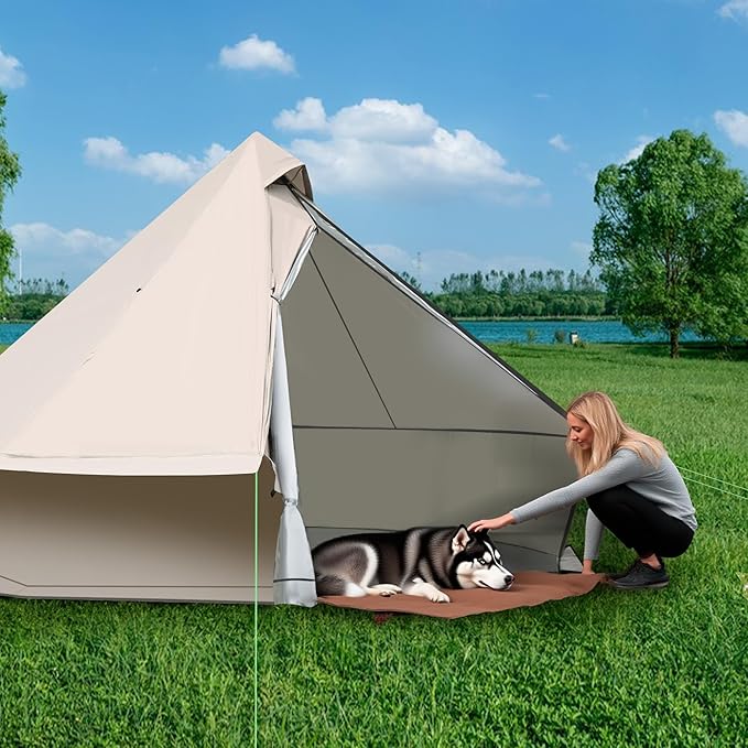 9.8 * 9.8 * 6.6 FT Yurt Tent 2-4 Person Glamping Bell Tent, 4 Seasons for Camping Tents withBreathable Waterproof Design and Stove Jack, for Family Camping Outdoor Hunting Party