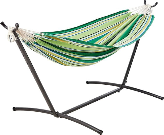 Amazon Basics Double Hammock with 9-Foot Space Saving Steel Stand and Carrying Case, 450 lb Capacity, Vigor Green, 110x47x43 inches