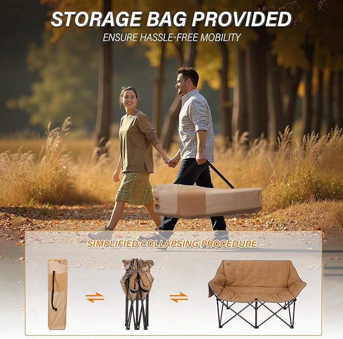 Fuzzy Oversized Folding Double Camping Chairs,Heavy Duty Supports 600 Lbs,Comfy Portable Loveseat for Adults w/Mesh Pocket,Plush Fleece-Lined Lawn Couch for Outdoor/Indoor,Light Moca