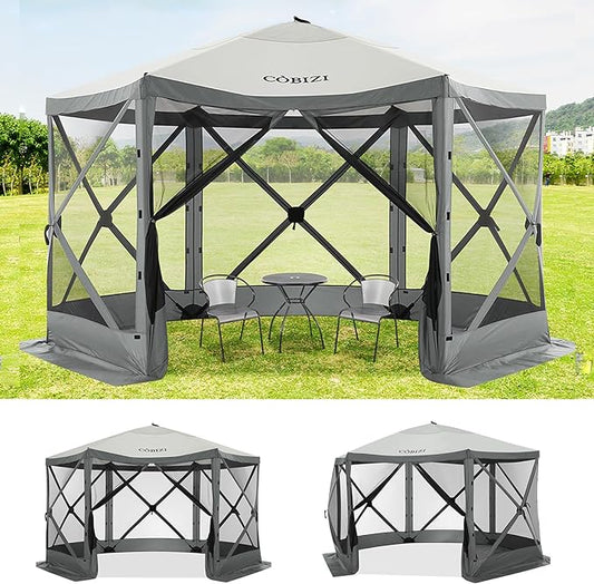COBIZI 12x12ft Pop up Gazebo Screen Tent Screen House for Camping, Camping Outdoor Screened Gazebo with Mosquito Netting, Portable Hub Tent with Carrying Bag and Ground Stakes, Grey(Upgraded 2.0)