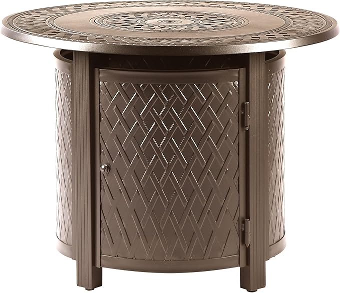Round 34 in. x 34 in. Aluminum Propane Fire Pit Table with Glass Beads, Two Covers, Lid, 37,000 BTUs in Brown Finish