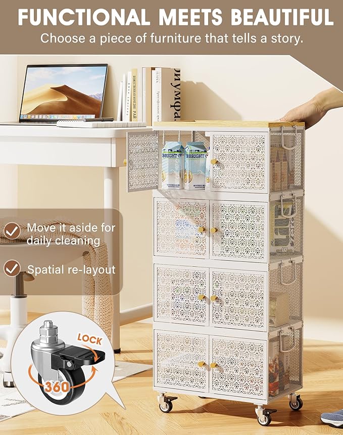 4 Tier Metal Storage Bins and Boxes Organizer, Magnetic Doors & 360°Swivel Lockable Wheels, Easy,labor-Saving, Ocean Life Cutout Pattern, Eco-Aesthetic for Living Room,Bedroom,bathroom,kitchen