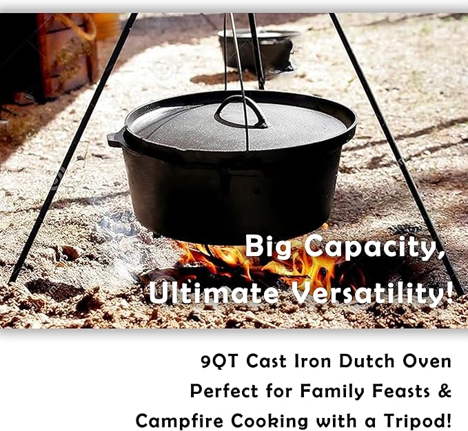 Cuisiland 9 Quart Cast Iron Dutch Oven with Lip Lid & 3 legs – Pre-Seasoned Camping Pot for Outdoor Cooking, Roasting, and Baking – Heavy-Duty Campfire Cookware with Even Heat Distribution