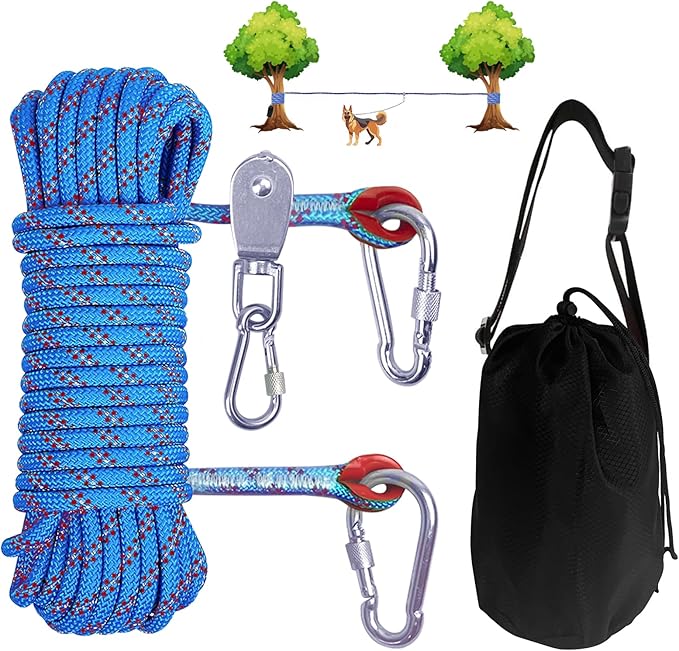 Dog Camping Essentials 50ft Portable Overhead Trolley System Pet Camping Leash for Dogs up to 200lbs Dog Runner for Yard Blue