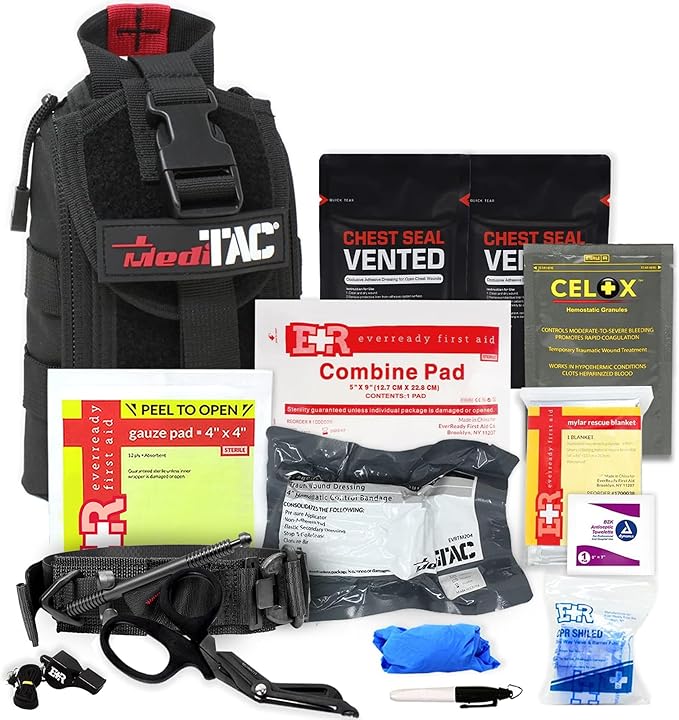 Premium Tactical Trauma IFAK Kit with Celox Hemostatic Granules, SOF Tourniquet and Pressure Bandage in Molle Pouch, Bleeding Control Kit (Black)