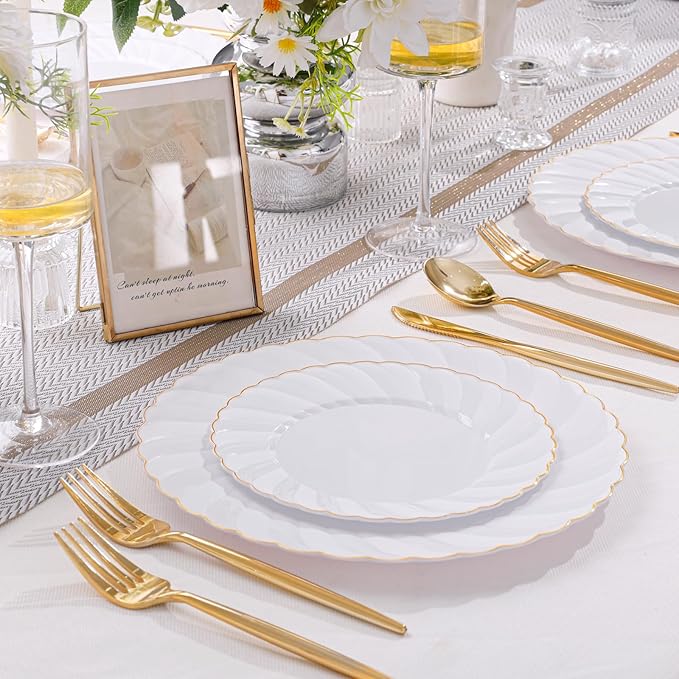 U-QE 60 Pcs White Plastic Plates with Gold Trim – Scalloped Plastic Plates Heavy Duty - Include 30 10.25" Dinner & 30 7.25" Dessert Plate – Perfect for Weddings, Bridal Showers and Party