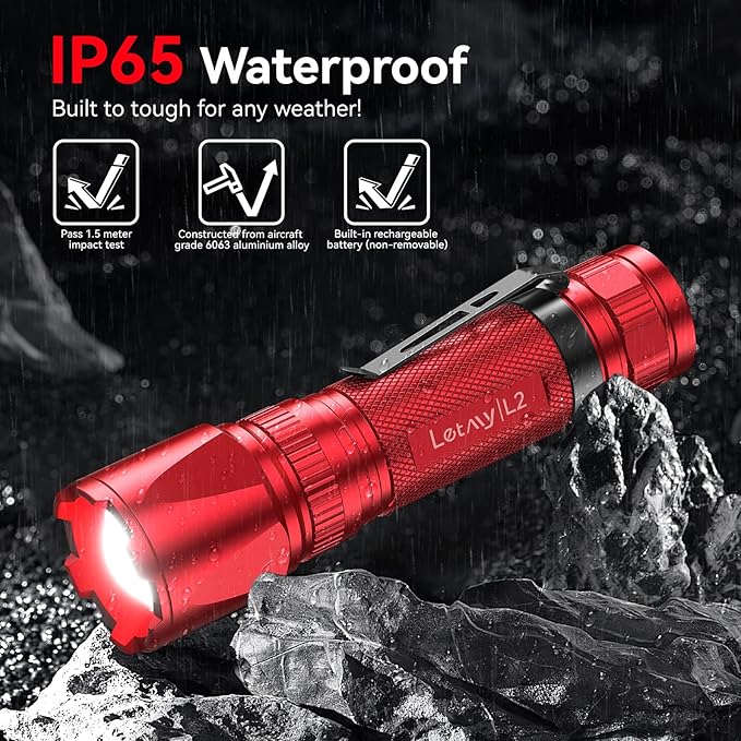 LETMY Rechargeable Flashlights High Lumens, 2 Pack 2000 Lumens Bright LED Tactical Flashlight, 3 Modes Samll Powerful Flash Lights with Clip, Waterproof Flashlights for Home Emergency Camping (Red)