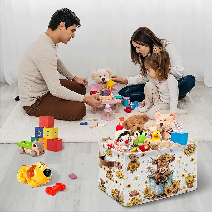 Highland Cow Rectangle Storage Basket - Highland Cow Themed Collection Collapsible Storage Baskets with Handles - Cute Cows Pattern Storages Bin for Kids Clothes, Gifts, Books,Toys