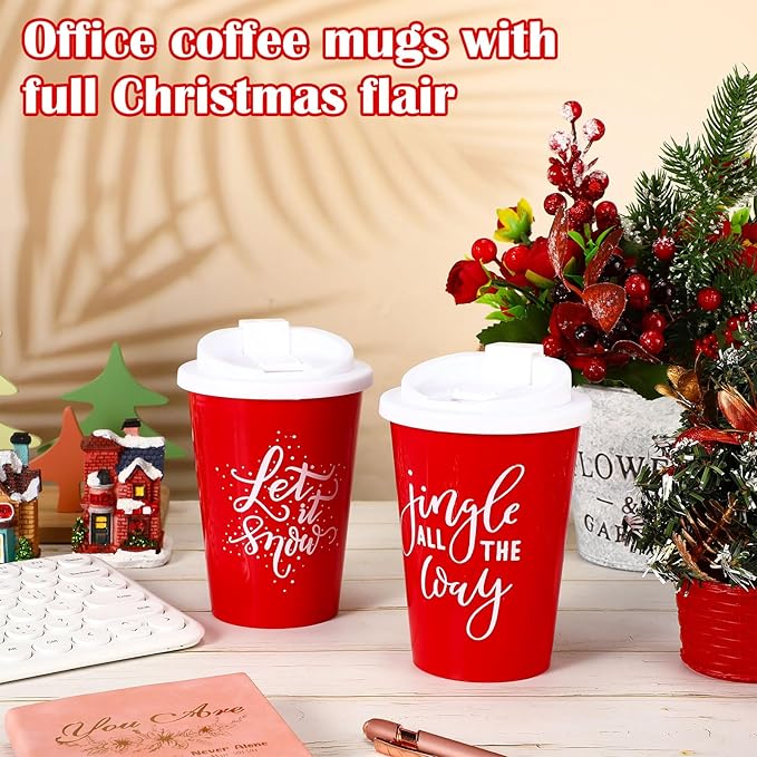 Sliner 20 Pcs Christmas Reusable Coffee Cups with Lids Bulk 12 oz Christmas Plastic Cup Gifts Xmas Drinks Tumblers with Snowflake for Coworkers Family Winter Party Favors (Red)
