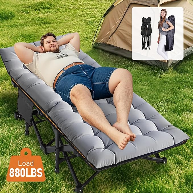 Slsy Folding Camping Cot for Adults with Pad, Padded Portable Sleeping Cots, Camp Bed with Carry Bag for Outdoor Travel, Beach, Hiking