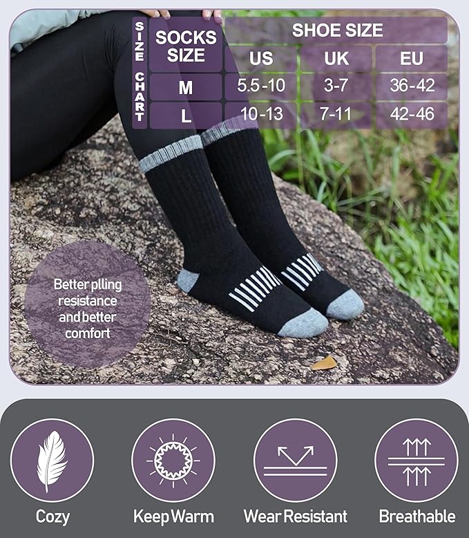 DYW Womens Merino Wool Hiking Socks Thermal Warm Winter Boot Crew Socks Cushion Work Walking Gift Socks 5 Pairs