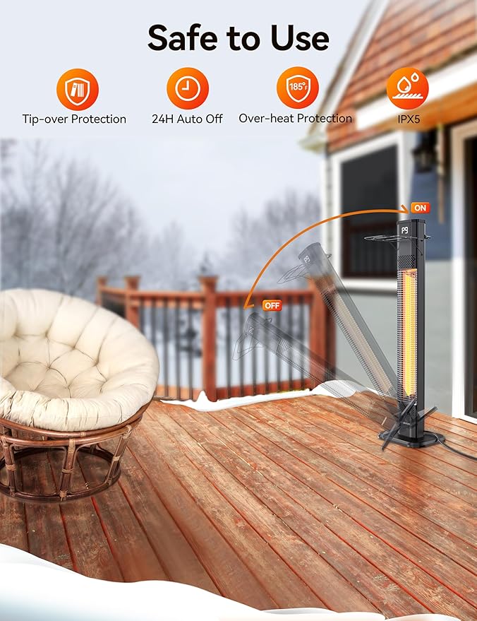 VAGKRI 42" 1500W Electric Outdoor Infrared Heater with Remote, 9 Heat Levels, 24H Timer, 1S Fast Heating, IPX5 Waterproof Tower Space Heater for Home, Office, Patio, Garage
