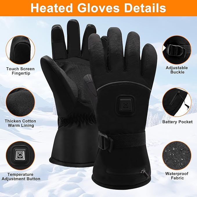 Spring Electric Rechargeable Battery Heated Gloves - Waterproof Touchscreen for Outdoor Sports, Hiking, Skiing, Running, Work