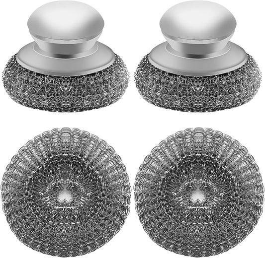 Stainless Steel Wool Scrubber with 2 Replacement Pads - Clean Metal Pans, Pots, Grills & More