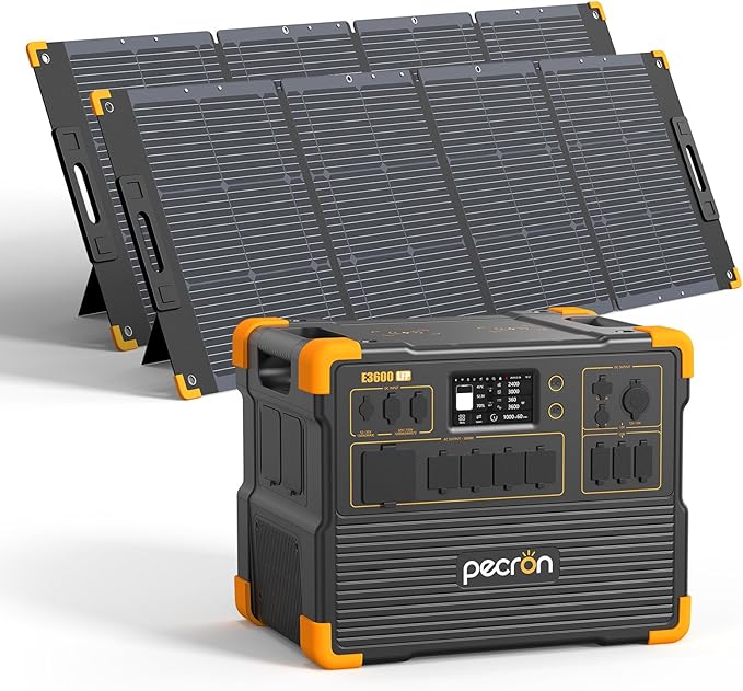 pecron Solar Generator E3600LFP 3072Wh with 2x300W Solar Panels, 5x3600W AC Outlets Portable Power Station, LiFePO4 Battery Backup Expanded to 15.36KWh, Power Station for Home Use, RV, Camping, CPAP