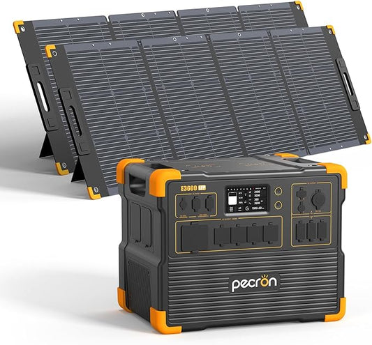 pecron Solar Generator E3600LFP 3072Wh with 2x300W Solar Panels, 5x3600W AC Outlets Portable Power Station, LiFePO4 Battery Backup Expanded to 15.36KWh, Power Station for Home Use, RV, Camping, CPAP