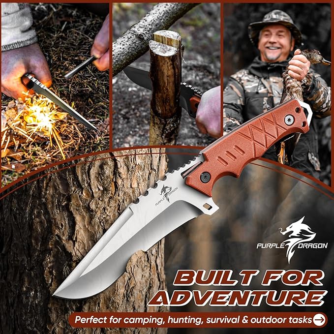 Purple Dragon Camping Knife with Sheath - D2 Steel Survival Knives for Bushcraft, Hunting - Ergonomic G10 Handle Outdoor Survival Gear Gift for Men