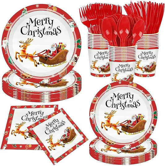 (25 Guests) 175pcs Christmas Plates and Napkins, Knives, Forks, Spoons, Cups, Disposable Dinnerware Set Paper Plates with Silverware for Christmas New Year Thanksgiving Party