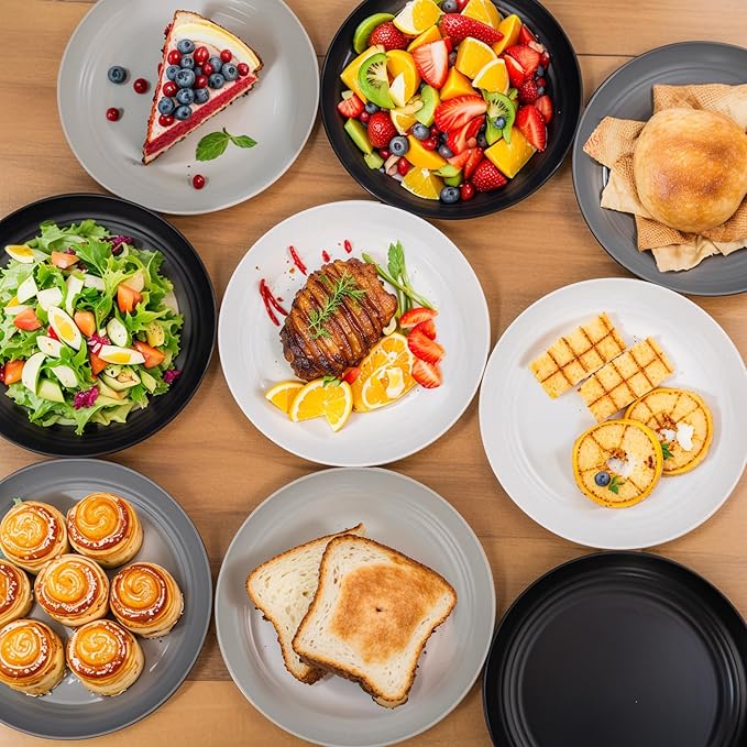 supernal 10" Wheat Straw Dinner Plates Reusable&Durable Plastic Plates,Dishwasher Safe,16-Pack (4 White, 4 Light Gray, 4 Dark Gray, 4 Black), Versatile Tableware for Home and Outdoor