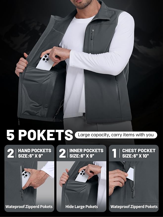 Mens Windproof Golf Vest Outerwear Fleece Lined Softshell Sleeveless Lightweight Jacket