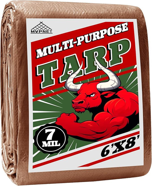 Tarp 6x8 ft 100% Waterproof 7mil Durable Grommets and Reinforced Edges,Uv Resistant,Green/Brown Tarp,Emergency Rain Shelter,Outdoor Cover and Camping Use -by MVPNET
