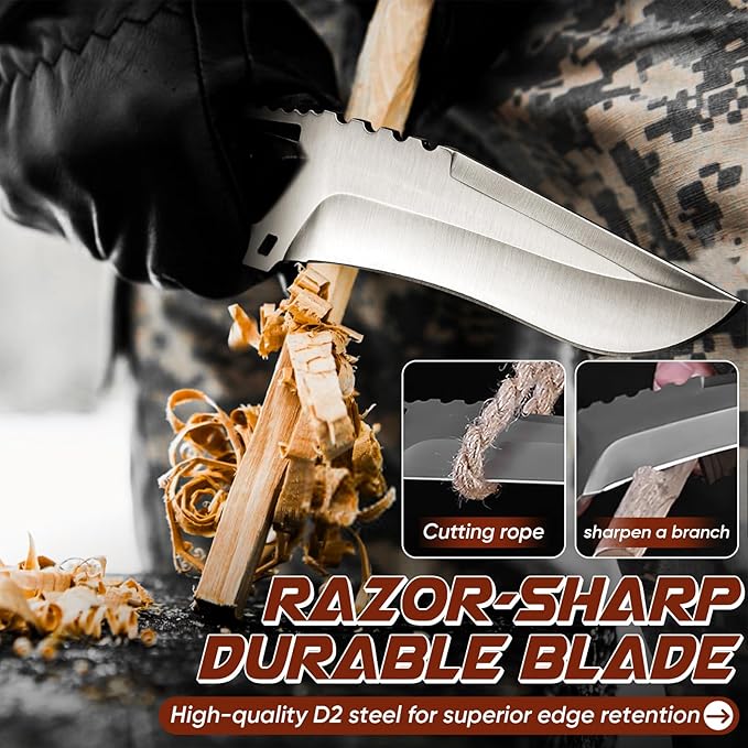 Purple Dragon Tactical Knife with Kydex Sheath - D2 Steel Survival Knives for Camping, Bushcraft, Hunting - Ergonomic G10 Handle Outdoor Survival Gear Gift for Men(Black)