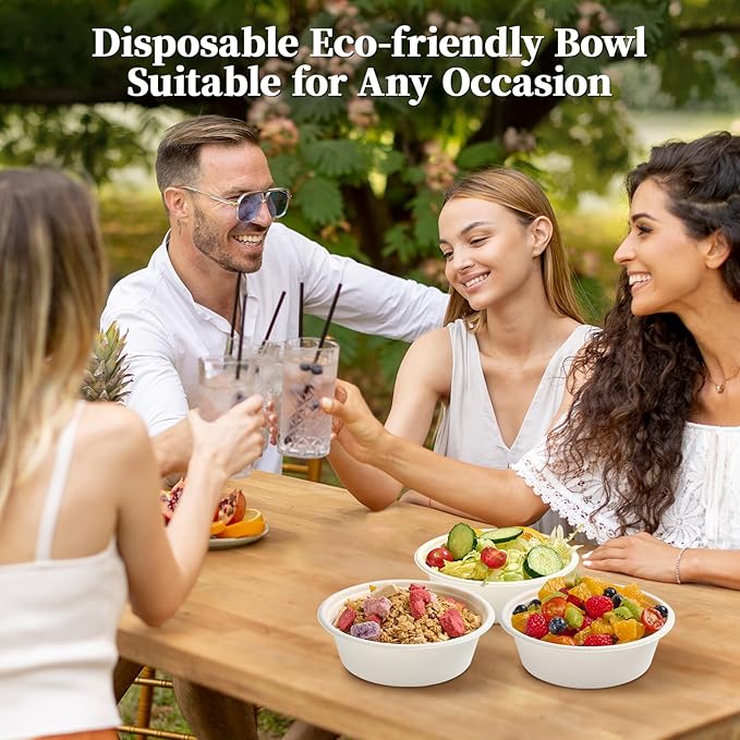 ECOLipak 20 OZ 150 Count Paper Bowls, Disposable Compostable Large Soup Bowl, Heavy Duty Bagasse Bowls for Family Lunch, Dinner Meals, Camping, Party