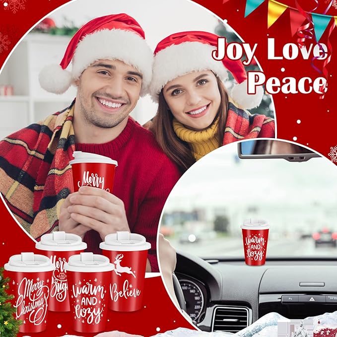 Sliner 30 Pcs Christmas Reusable Coffee Cups with Lids Bulk 12 oz Christmas Plastic Cup Gifts Xmas Drinks Tumblers with Snowflake for Coworkers Family Winter Party Favors (Red)