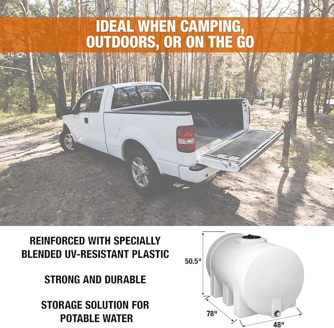 RomoTech 82124269 Horizontal Polyethylene Reservoir Water Tank w/Legs, 550 gal, Made in USA, Natural Poly Tank for Non-Flammable Liquids, UV-Resistant, Ideal for Agricultural Use, RV Water Storage