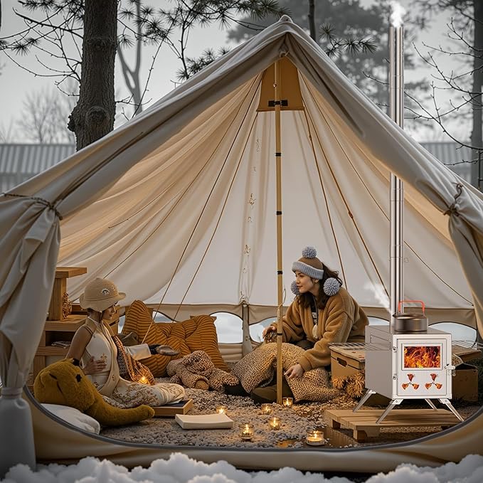 Hot Tent Stove, Camping Wood Stove for Tent, Portable Stainless Steel Wood Burning Stove with 7 Chimney Pipes for Wall Tent Camping, Cooking, Ice Fishing, Hunting, Boiling Water - Large