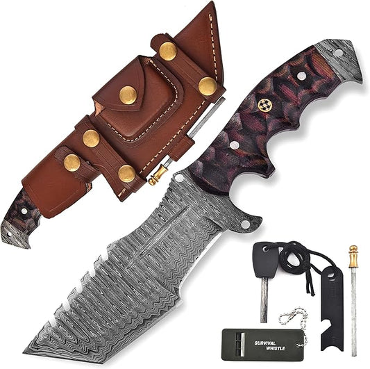 KIMPE 10.5’’ Damascus Hunting Knife with Leather Sheath-Fixed Blade EDC Knife-Bushcraft Knives-Wood Handle-Best Camping & Survival Knives-Knives for Men. (Micarta Red & Black)