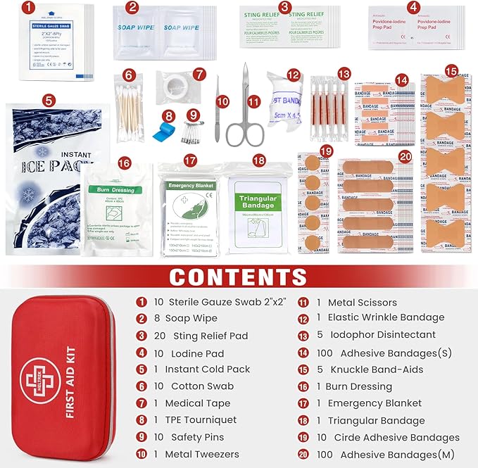 First Aid Kit for Car, 298 Piece Hard Shell Eva Emergency Kits for Travel, Camping, Hiking, Home, Office, Businesses & Outdoor Small Portable Medical Essential Sets, Red