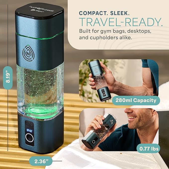 Lifepro HydroLife Peak Hydrogen Water Bottle Generator – SPE/PEM Technology Hydrogen-Boosting Portable Water Bottle with OLED Display & USB-C Charging – 280ml, Polycarbonate Body