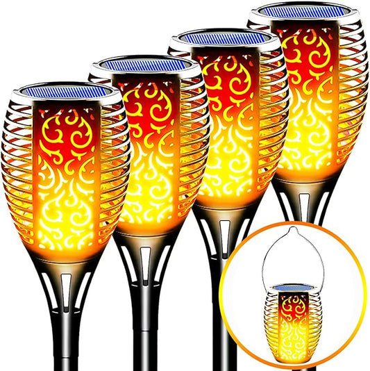 4 Pack Solar Tiki Torch Lights Outdoor Waterproof - Realistic Flickering Flame Fire Effect, 3-in-1 Hanging Lantern with Detachable Hook - Auto On/Off for Patio, Garden, Yard, Pathway Decor