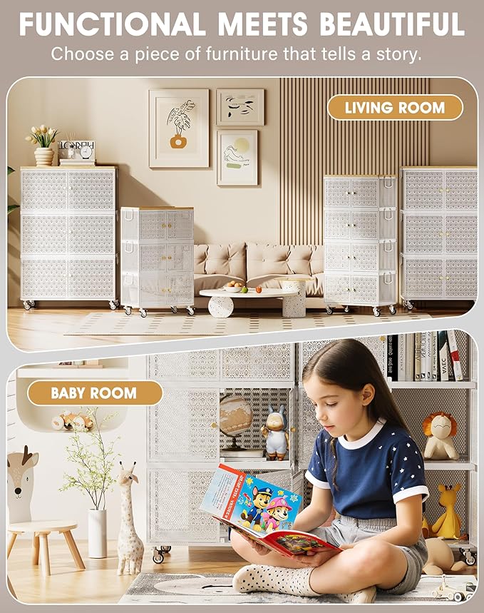 3 Tier Metal Storage Bins and Boxes Organizer, Magnetic Doors & 360°Swivel Lockable Wheels, Easy,labor-Saving, Ocean Life Cutout Pattern, Eco-Aesthetic for Living Room,Bedroom,bathroom,kitchen