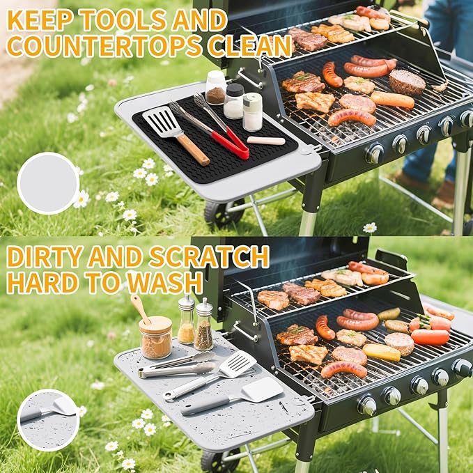 Silicone Grill Mat for Blackstone, Silicone Side Shelf Tool Mat, Outdoor BBQ Spatula Mat, with Drip Pad Kitchen Countertop Heat Resistant Mat, Griddle Accessories (Black)