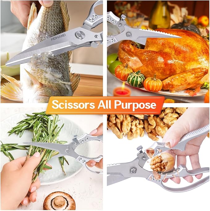 MDHAND Heavy Duty Poultry Shears, Kitchen Food Scissors All Purpose for Meat Cutting, Chicken Fish Fruit Vegetables, Dishwasher Safe Kitchen Shears with Anti-Slip Handle & Safety Lock, Spring Loaded
