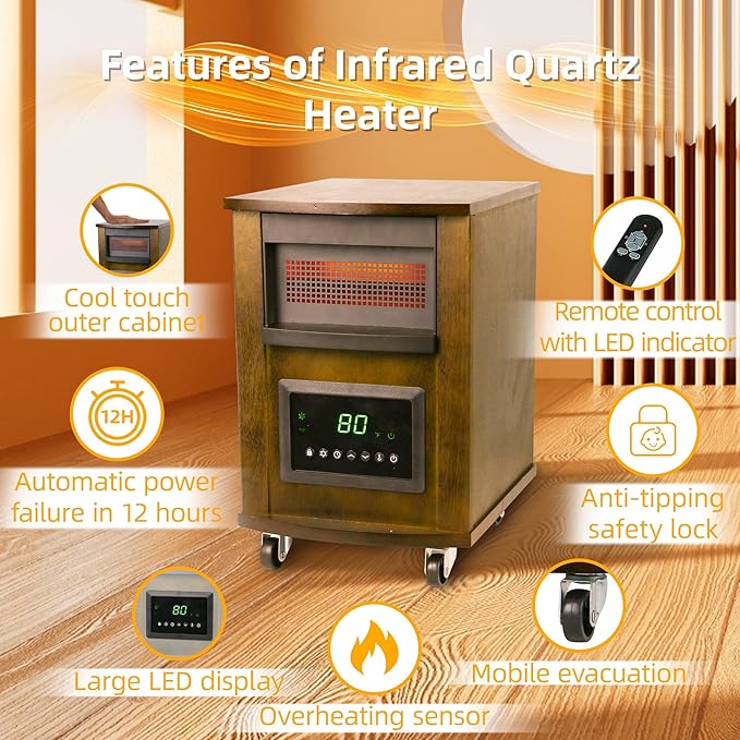 1500W Realsmart Space Infrared Heater for Indoor Use Large room Electric Quartz Heater with Remote Control Wheels LCD Display 3 Heating Modes 12H Timer Overheat Tip Over Protection Safe