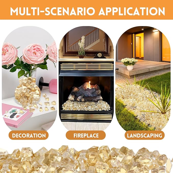10 Pounds Fire Glass 1/2 Inch High Reflective Tempered Firepit Glass Rocks for Fireplace, Fire Pit Table, Fire Bowl and Landscaping (Gold)