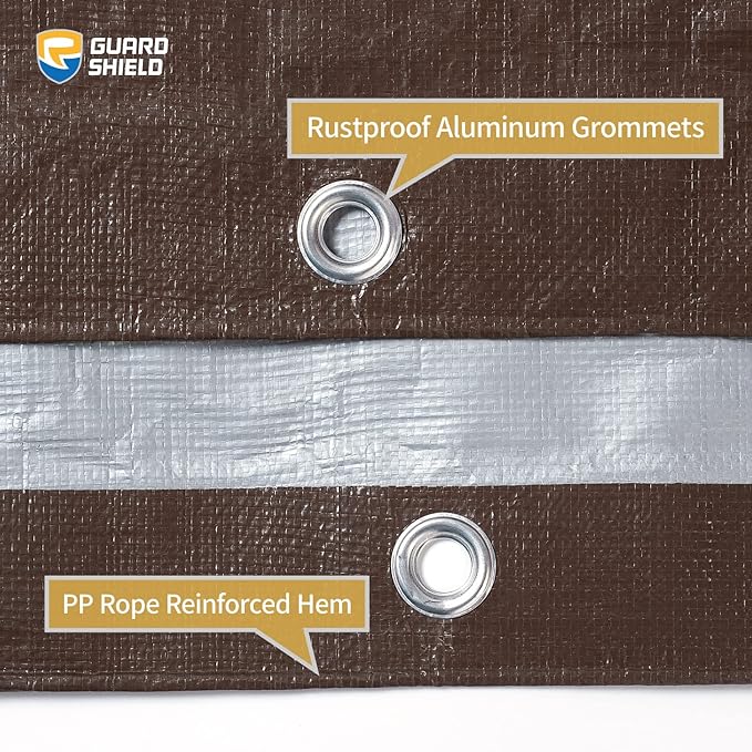 GUARD SHIELD Tarps Heavy Duty Waterproof 10x20 Feet Brown/Bright Silver Poly Tarp Cover Outdoor Thick UV Resistant Tarpaulin with Grommets 10mil