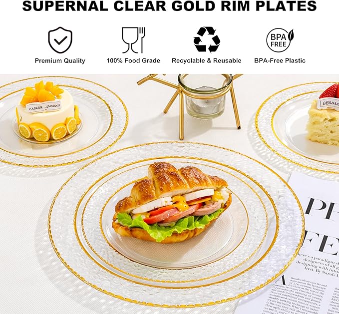 Ciaell 350PCS Clear Plastic Plates with Gold Trim for 50 Guests, Disposable Dinnerware Set for Wedding & Thanksgiving, Includes 100 Plastic Plates, 50 Pre Rolled Napkins with Gold Silverware, 50 Cups