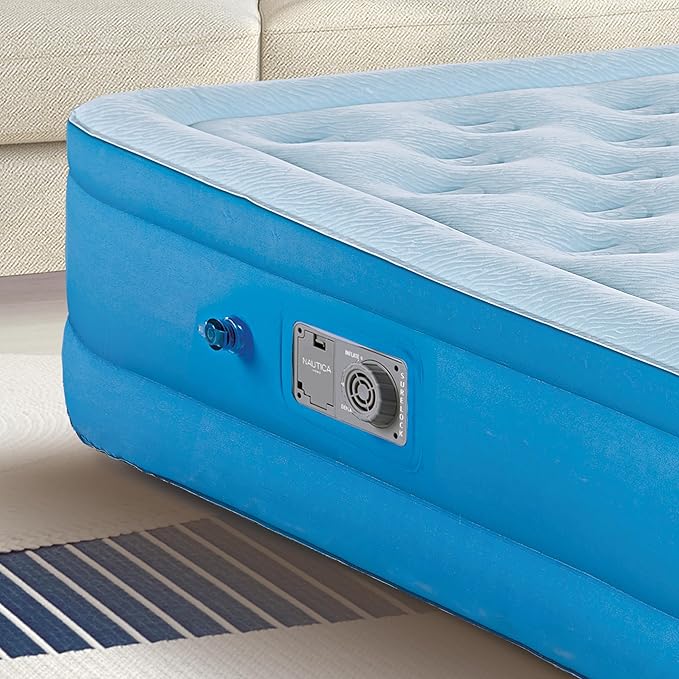 Nautica Home 18" Cool Comfort Size Queen Premium Air Mattress with Pillow Top, Raised Inflatable Airbed, Comfort Coil Technology, Built-in Pump, Anti-Leak Vinyl, Storage Bag