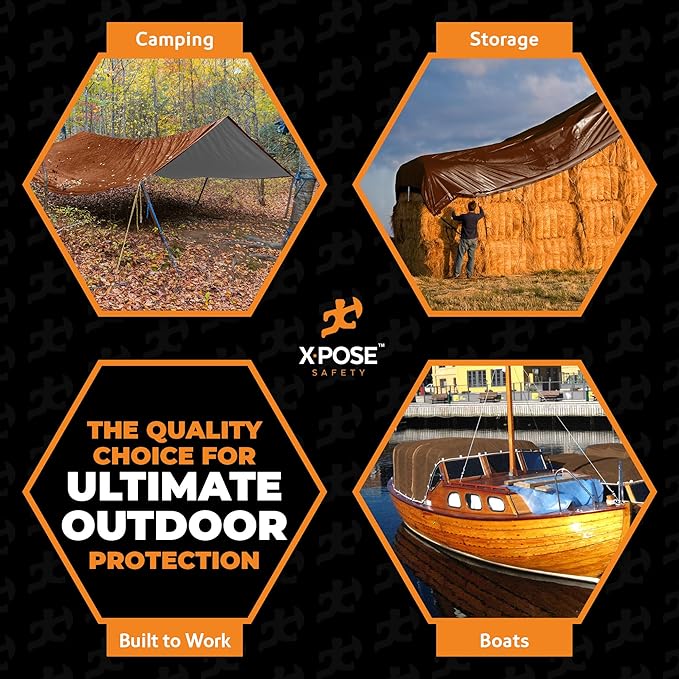 Xpose Safety 20 Mil Ultra Heavy Duty Tarp - 10' x 10' Brown/White, Waterproof, UV Protection, Reinforced Corners